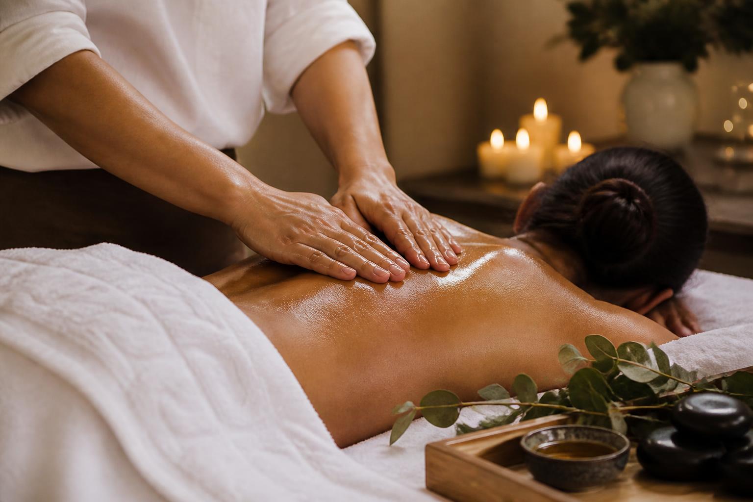 Therapist giving a relaxing back massage with warm oil